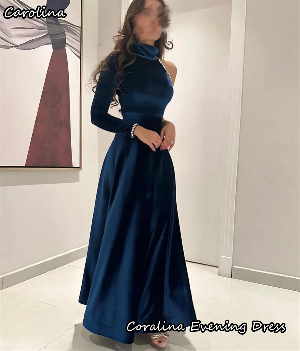 Carolina Velour A-line One-shoulder Ruffle Beading Formal Prom Gown Ankle-length Evening Elegant Party Dress for Women 2024