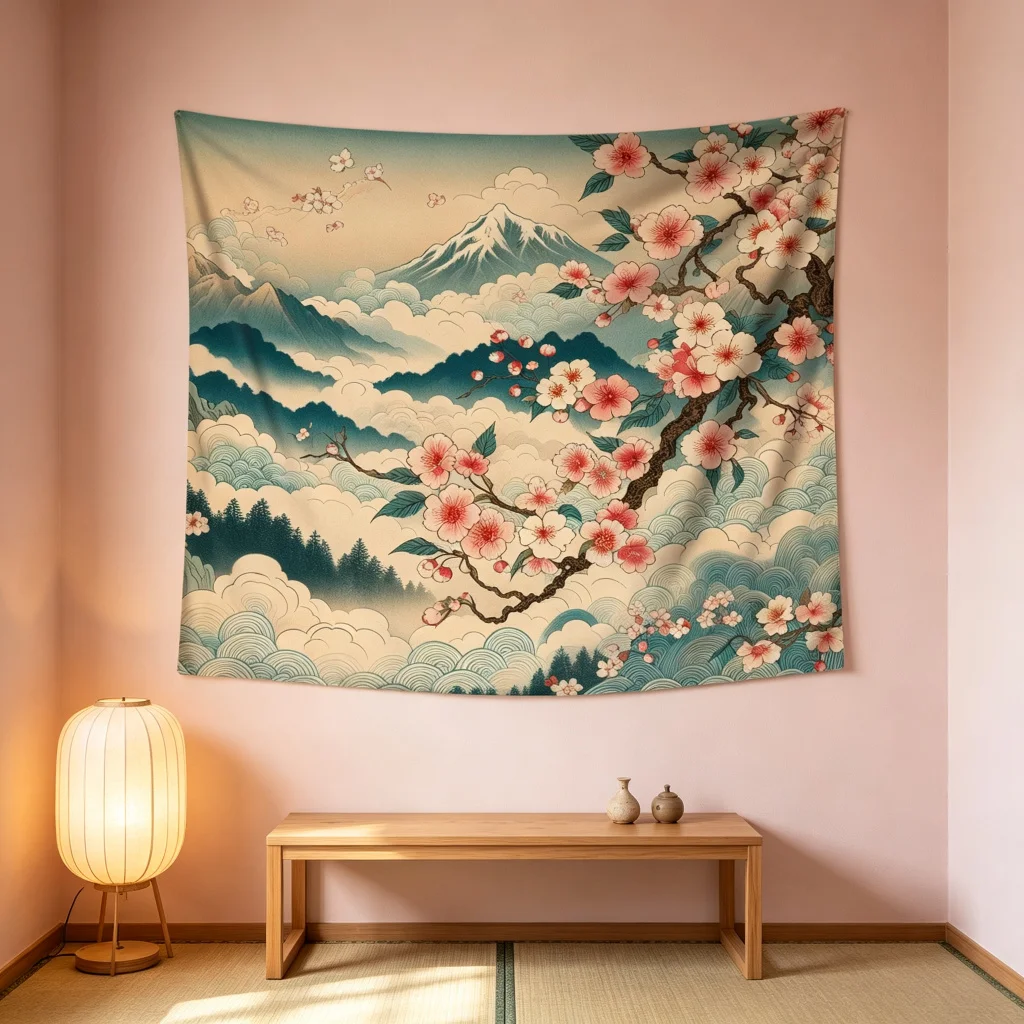 1PC Mount Fuji Cherry Blossom Print Backdrop Banner, Bedroom Photo Background, Polyester Wall Hanging, Home Decor, Wall Art
