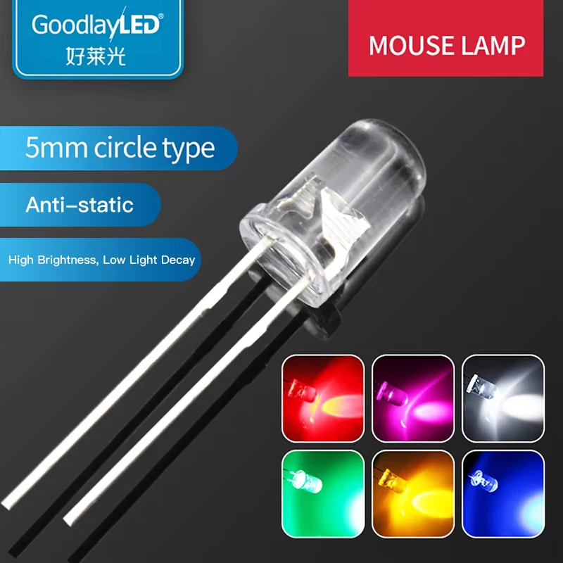 1000PCS 5mm Round Mouse DIP LED High Brightness Red Yellow Blue Green White Pink Light-Emitting Diode