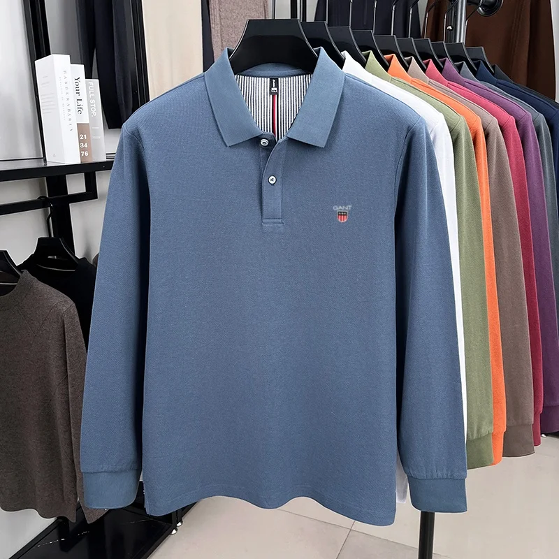 

100% pure cotton men's long sleeved polo shirt, spring and autumn fashion brand, exquisite embroidery, high-quality button up lo