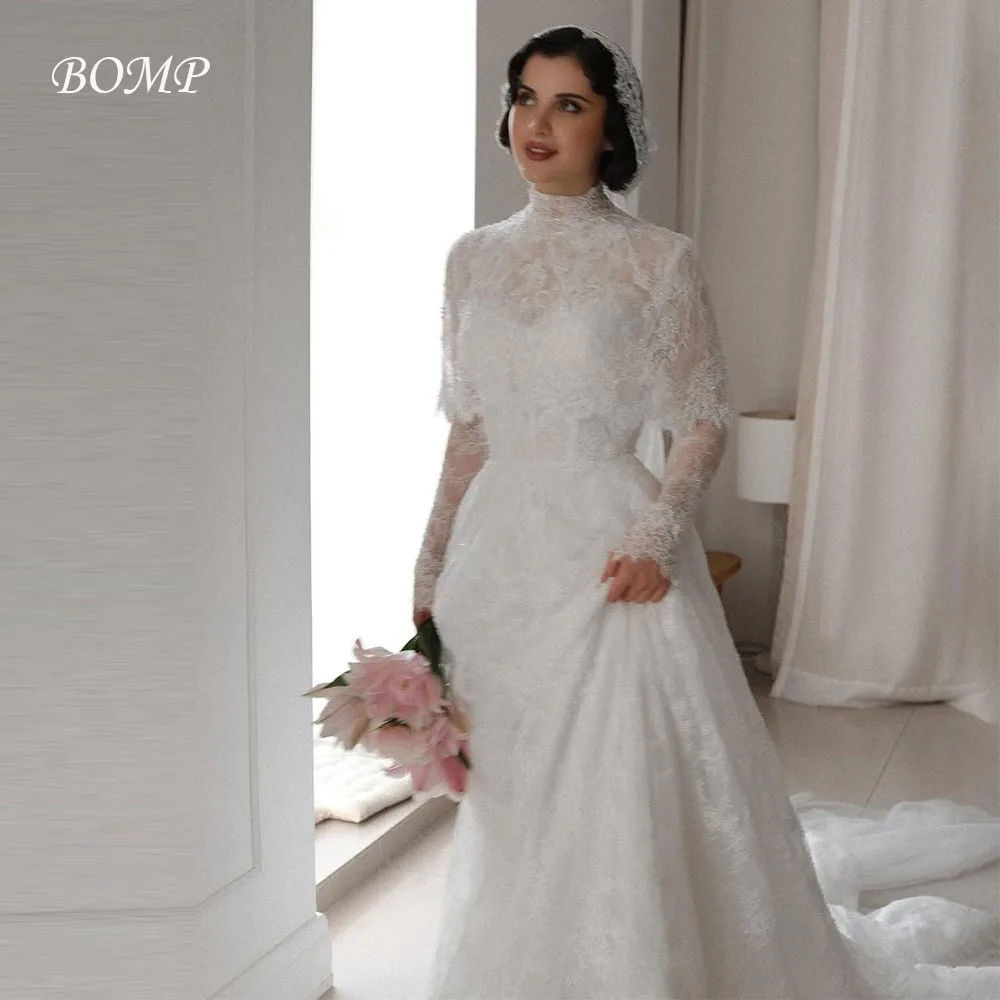 

BOMP Классическое кружевное свадебное платье с кружевными рукавами и шалью с круглым вырезомفساتين زفاف Вечернее платье длиной до пола по индивидуальному заказу