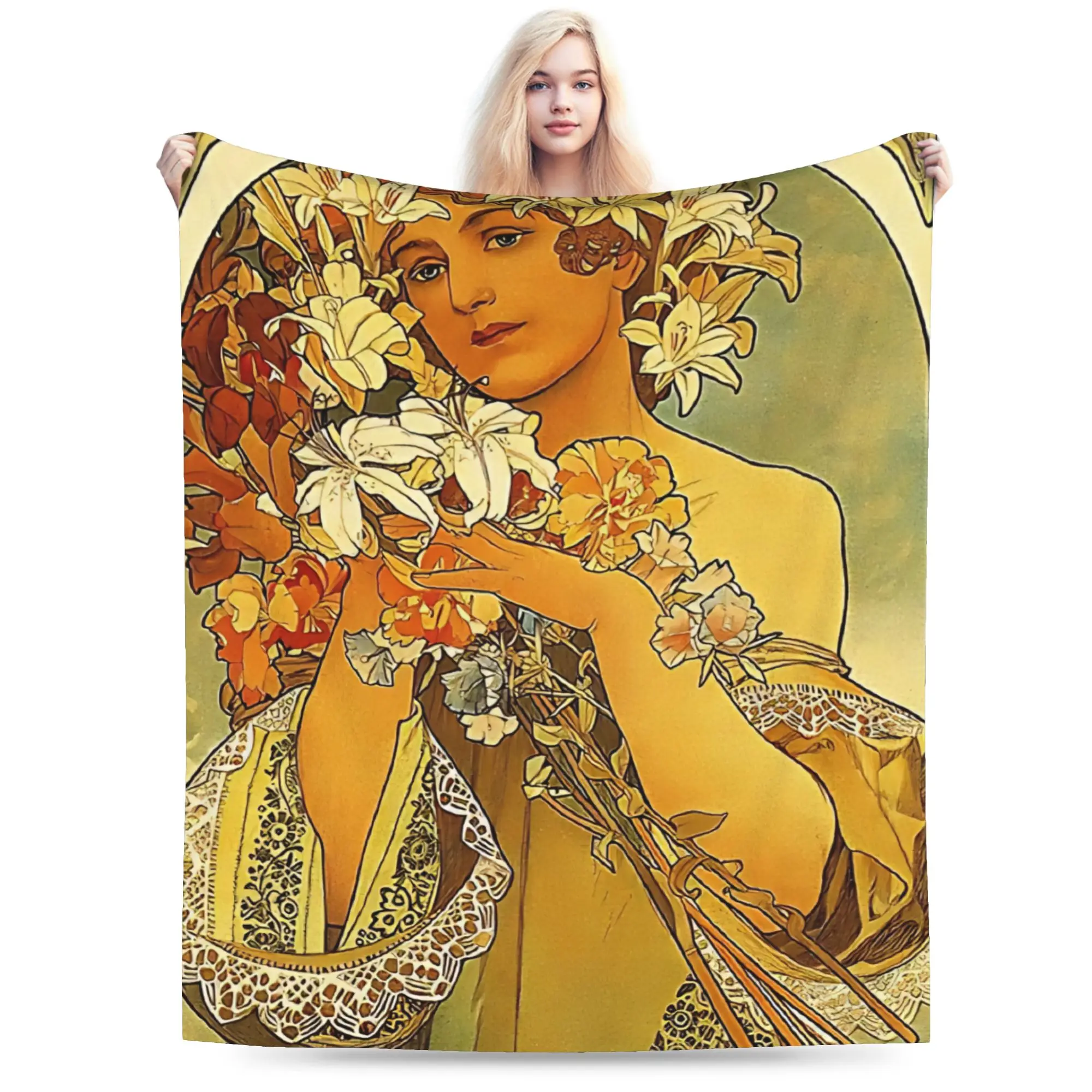 Language of Flowers Alphonse Mucha   Blanket Quality Warm Soft  Bedding Throws Spring Couch Chair Sofa Bed Pattern Bedspread