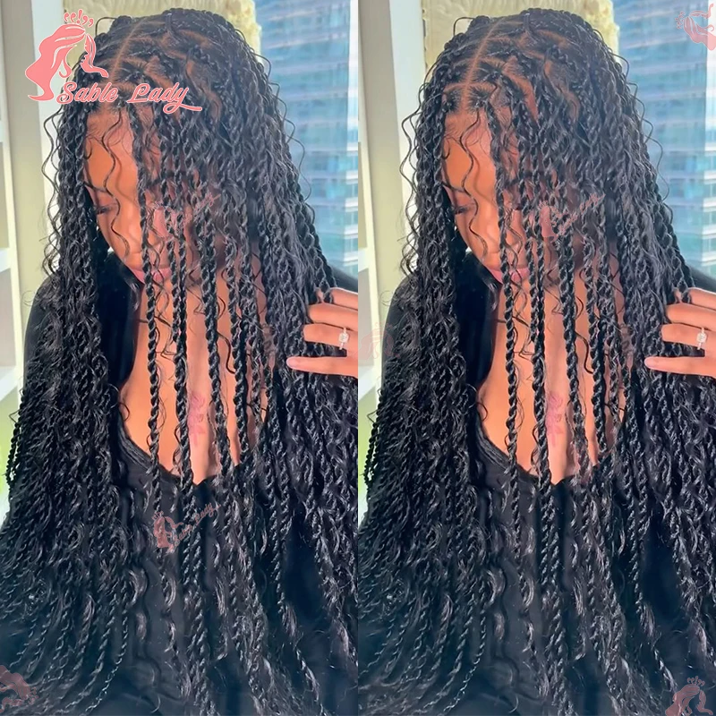 Boho Passion Twists Synthetic Braided Wigs For Black Women Knotless Box Braiding Hair Wig Full Lace African Braids Curly Wigs