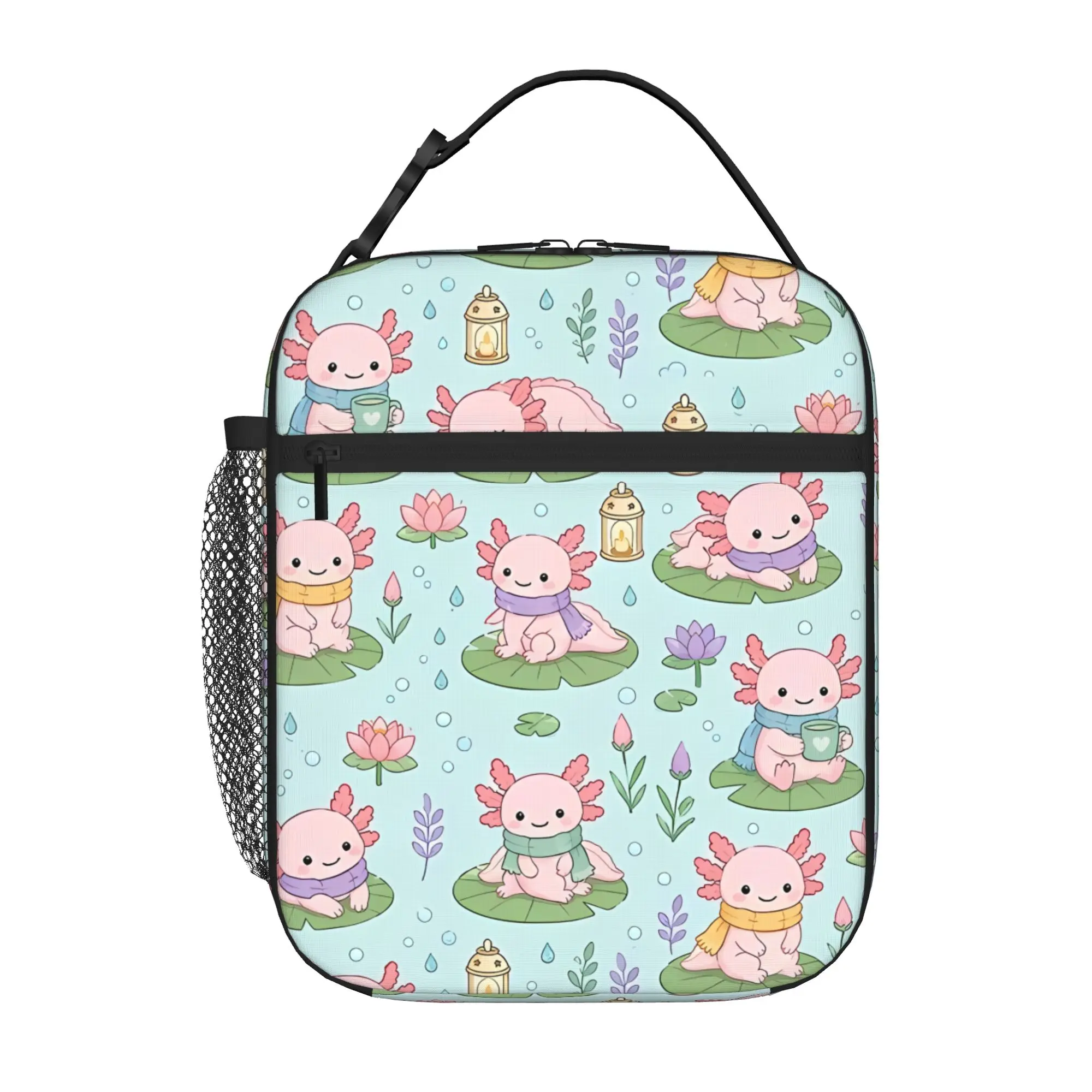 1 Piece Zipper Closure Cute Axolotl Cozy Pond Storage Bag Pocket Axolotls School Lunch Food Box Reusable For Lunch Food Bag