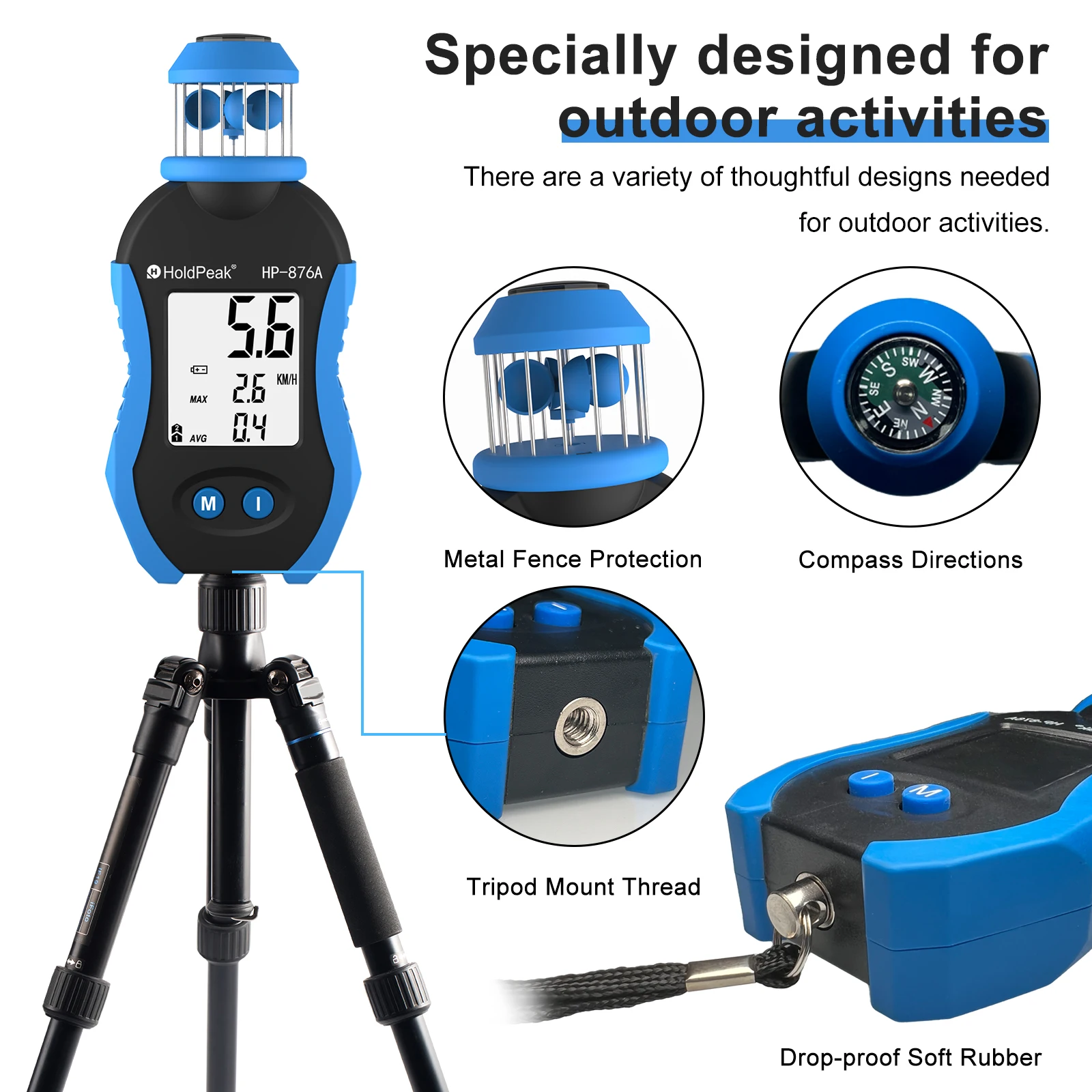 HoldPeak HP-876A Pro Cup Anemometer 360 Degree Wind Speed Meter with Compass Tripod Mount for Outdoor Drone Weather