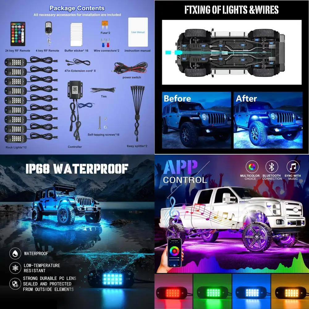 

Led Rock Lights for Trucks,12 Pods Lights for Jeep Brightness Truck underglow kit Exterior with App Control Flashing Music Mode