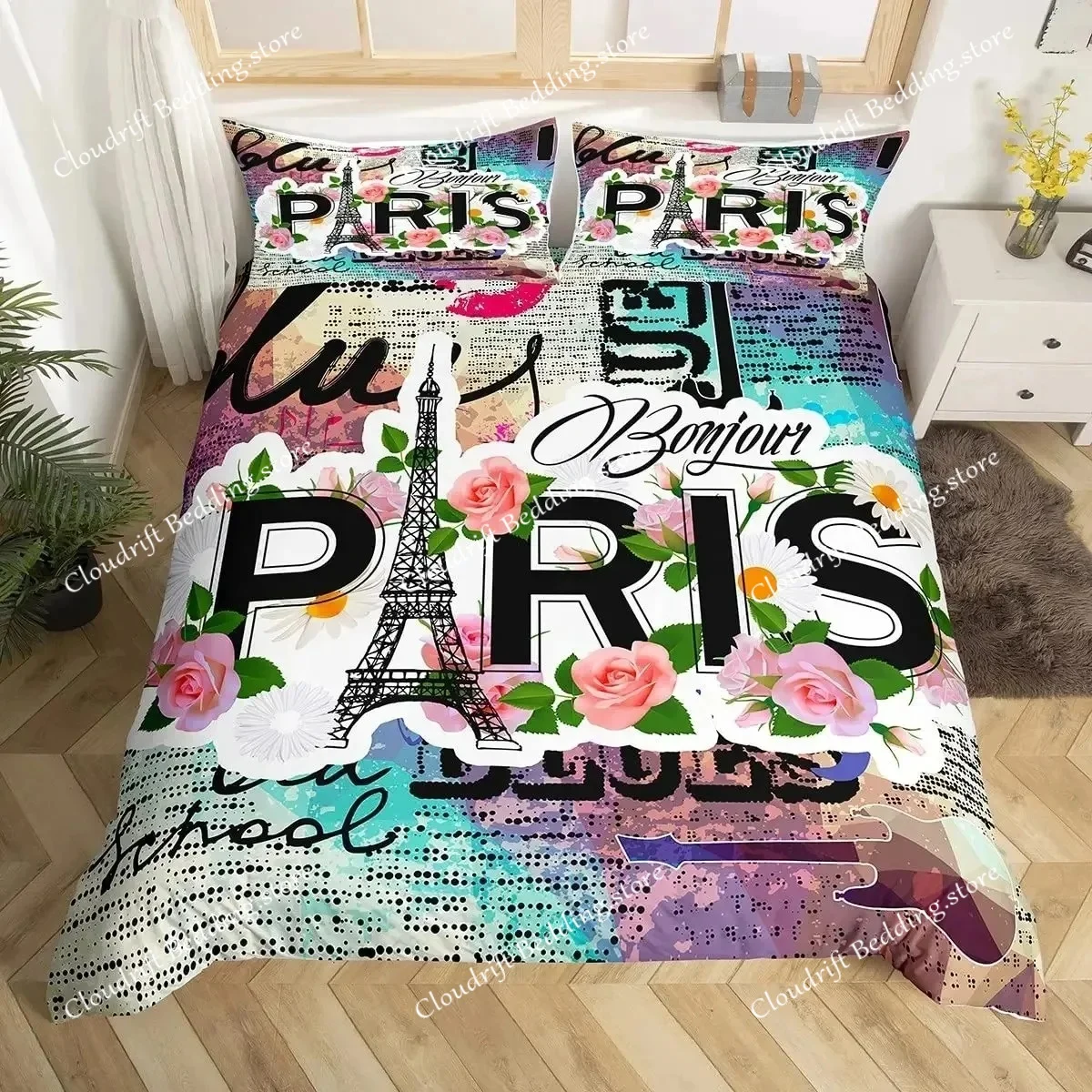

Eiffel Tower Duvet Cover Set Paris France Bedding Sets Queen Size Old Newspaper Style Comforter Cover for Men Women,Gray Stylish