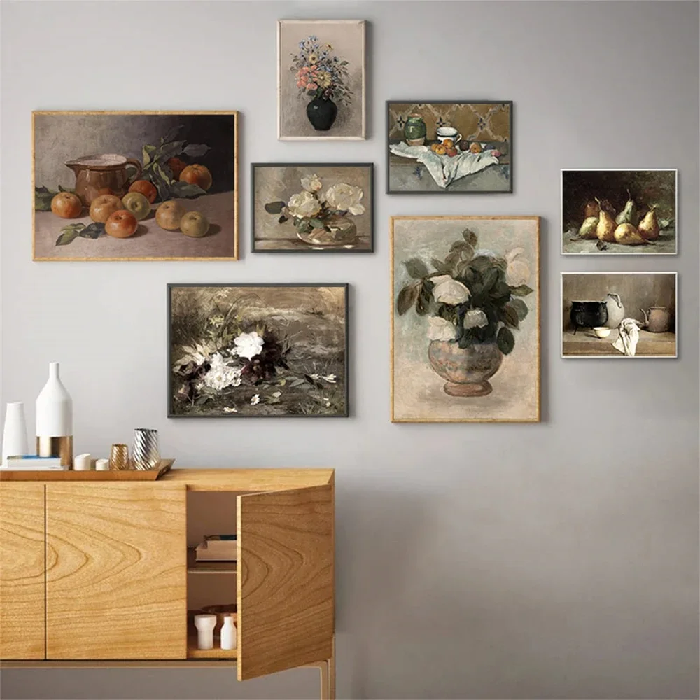 Vintage Neutral Still Life Flower Rose Fruit Botanical Posters Canvas Painting Wall Art Print Pictures Farmhouse Kitchen Decor