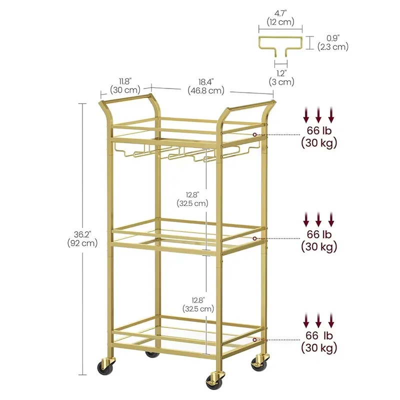 3 Tier Rolling Bar Cart with Wine Rack and Glass Holder Mobile Kitchen Serving Trolley for Home Living Room Small Space