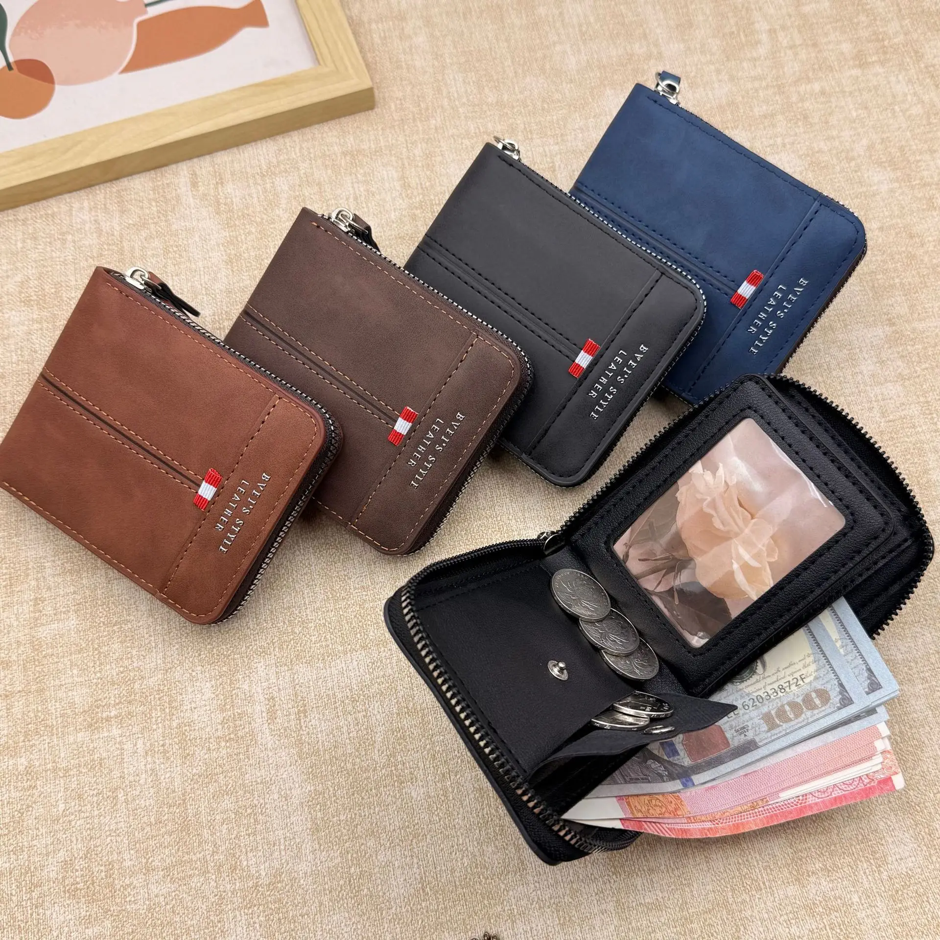 Men's PU Leather Zipper Short Wallet Bifold Card Holder Multi-Slot Coin Purse with Photo ID Window for Daily Use