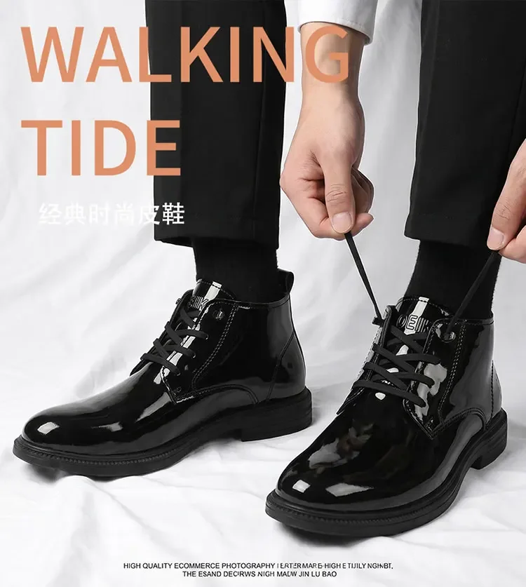 Glänzend schwarze Schnürstiefeletten für Herren, hohe Schafthöhe, dicke Sohle, modische, lässige Business-Herrenschuhe – Detail 1