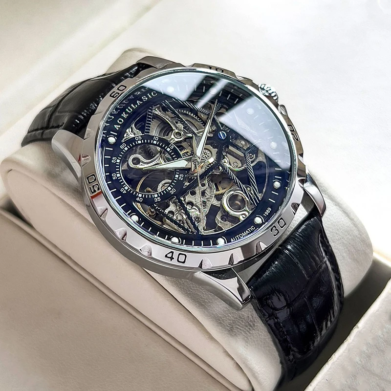 Men's Automatic Mechanical Watch Luminous Alloy Case Full Skeleton Dial 30M Water Resitance Genuine Leather Strap 43MM Large Dia