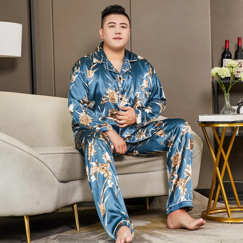 Plus Size 5XL 130kg Men\'s Silky Satin Pajamas Sets Casual Home Clothes For Male Big Leisure Nightgown Sleepwear Pyjamas Suit