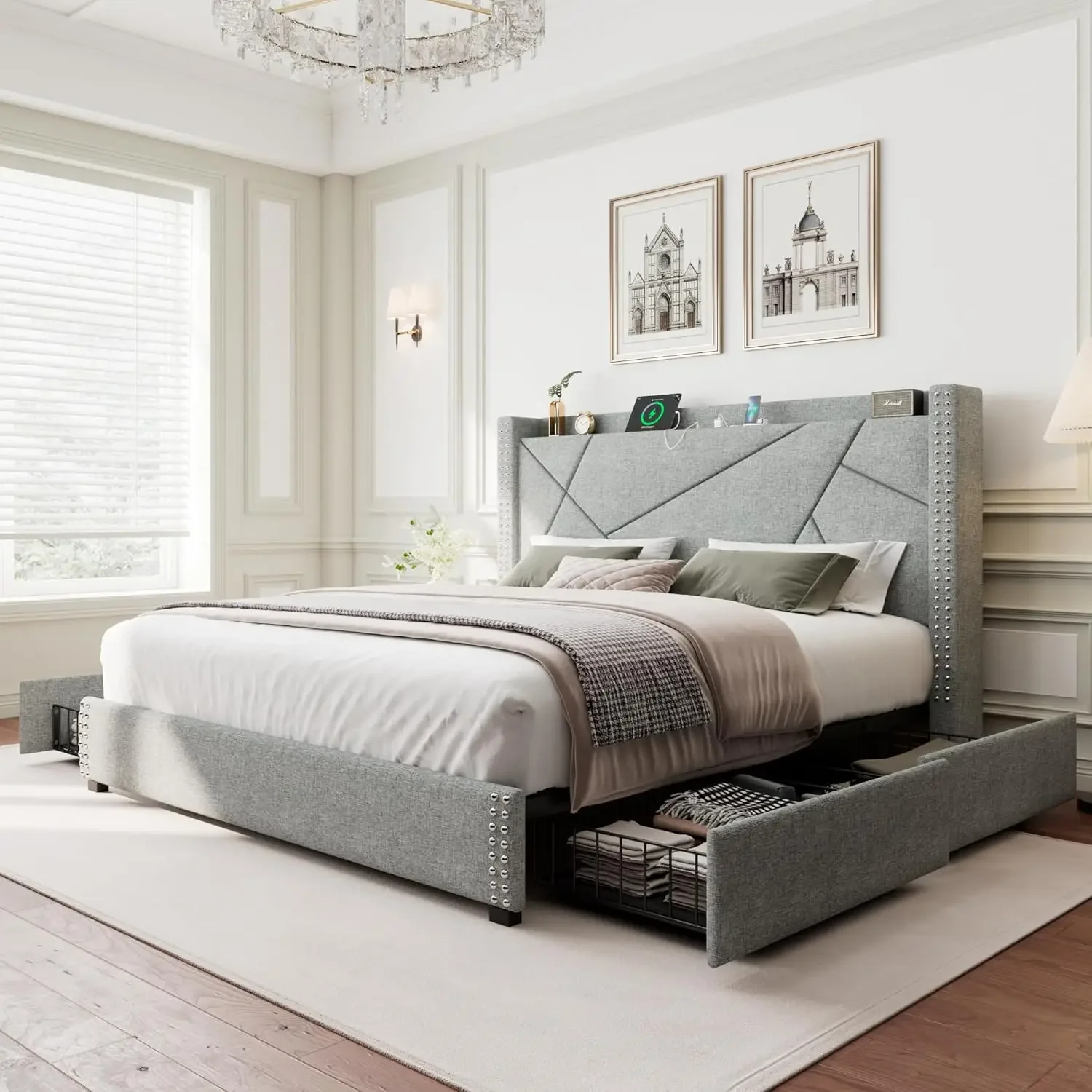 Upholstered Bed Frame with Minimalist Wingback Headboard and Charging Station, No Box Spring Needed, Light Gray