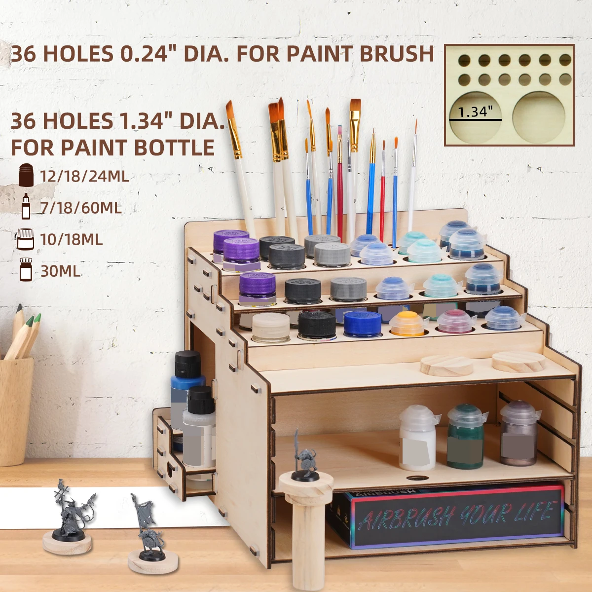 OPHIR Wooden Paint Organizer for 36 Holes of Paints and 36 Holes of Paint Brushes Large Storage wtih Model Pieces Shelf  MG064