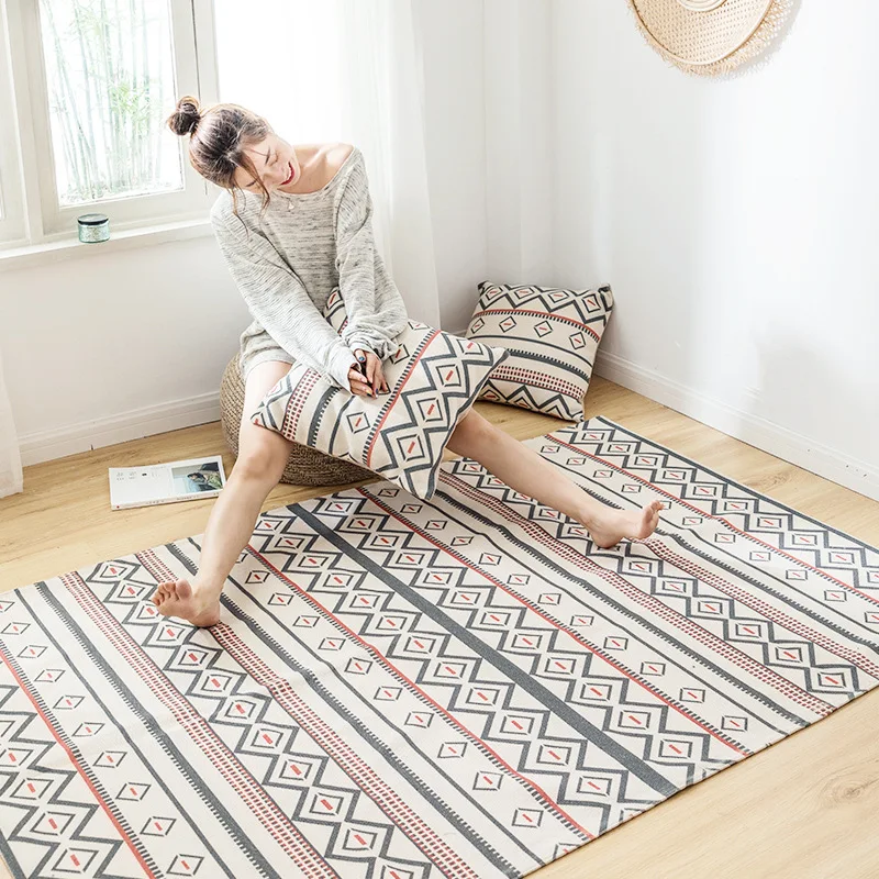 Nordic Cotton And Linen Retro Floor Mat Bedroom Bedside Carpet Living Room Sofa Coffee Table Multi-Functional Large Floor Mat