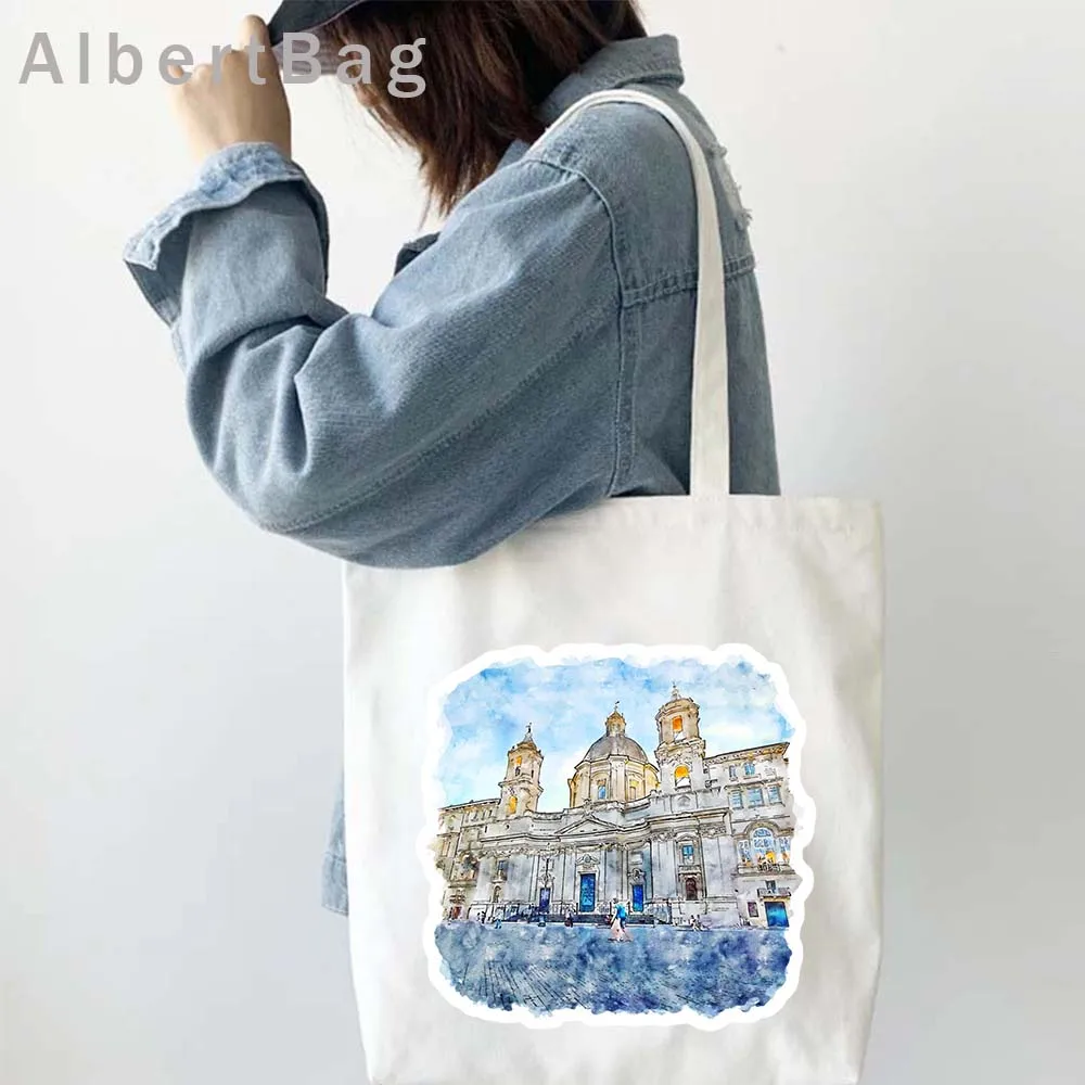 Pisa Milan Vatican Duomo Colosseum Rome Italy Burano Lazio Positano Watercolor Painting Reusable Grocery Canvas Tote Bag Handbag