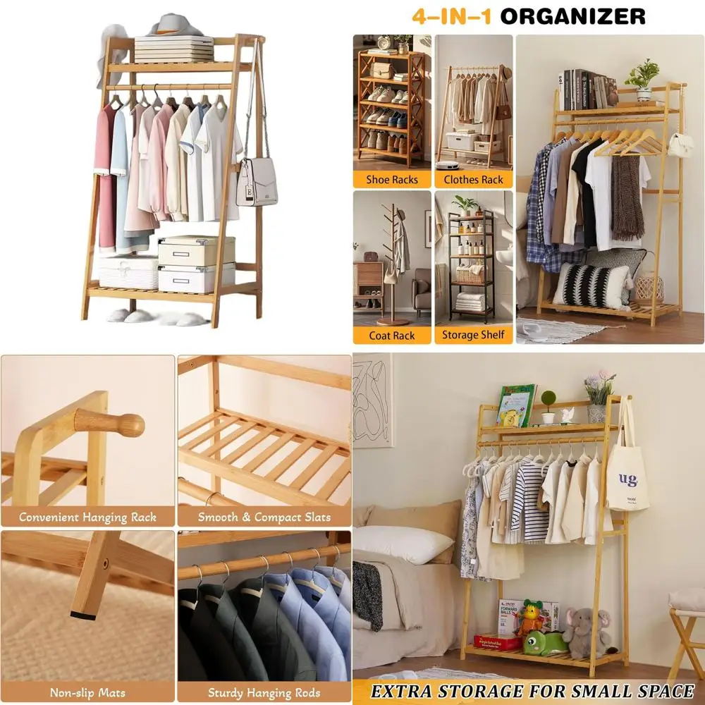 

2-Tier Bamboo Clothing Rack with Storage Shelves, Portable Wardrobe Organizer for Clothes, Shoes, and Accessories (Natural, 31.5