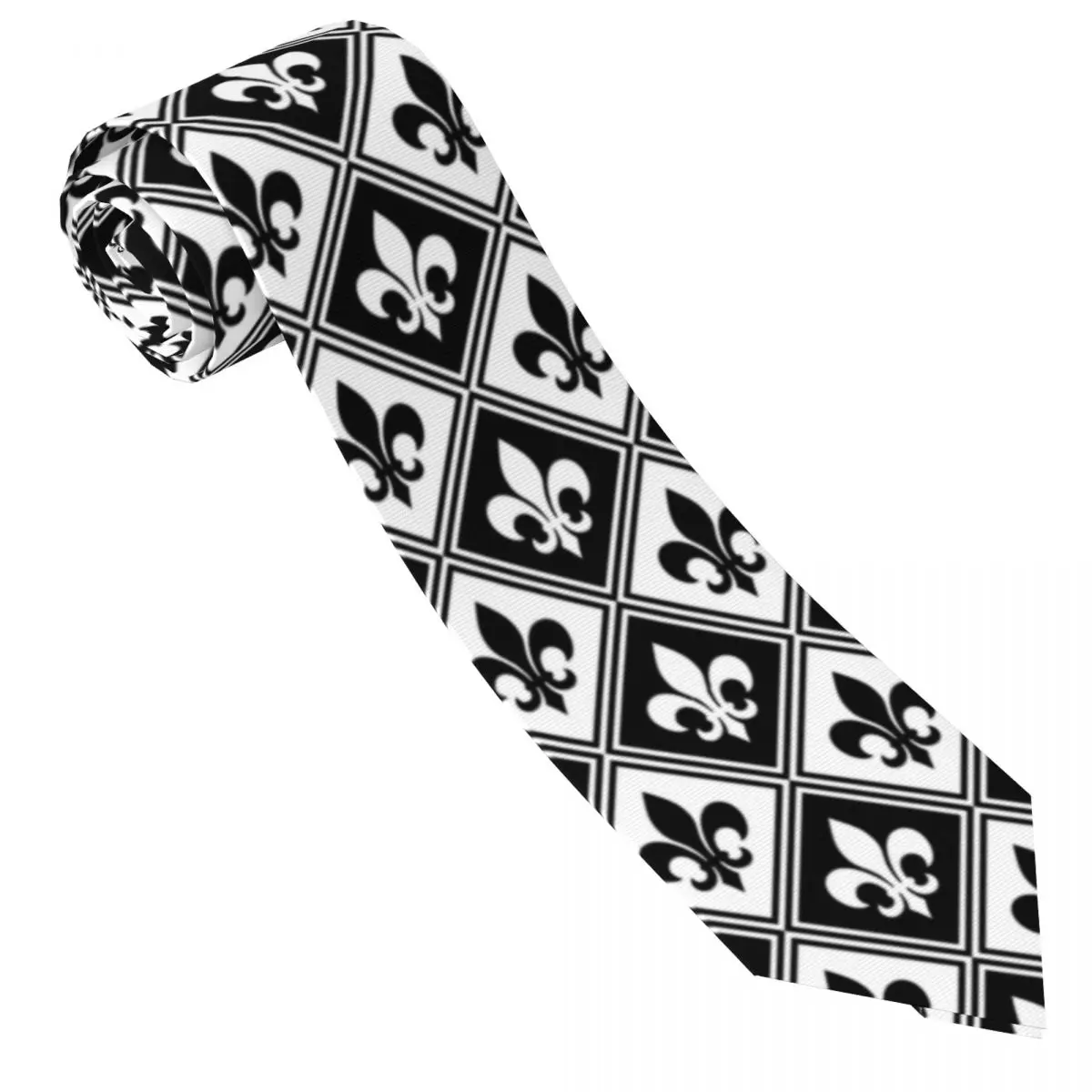 Custom Mens Black Fleur De Lis Diamond Pattern Necktie Lily Floral Fashion Tie For Business