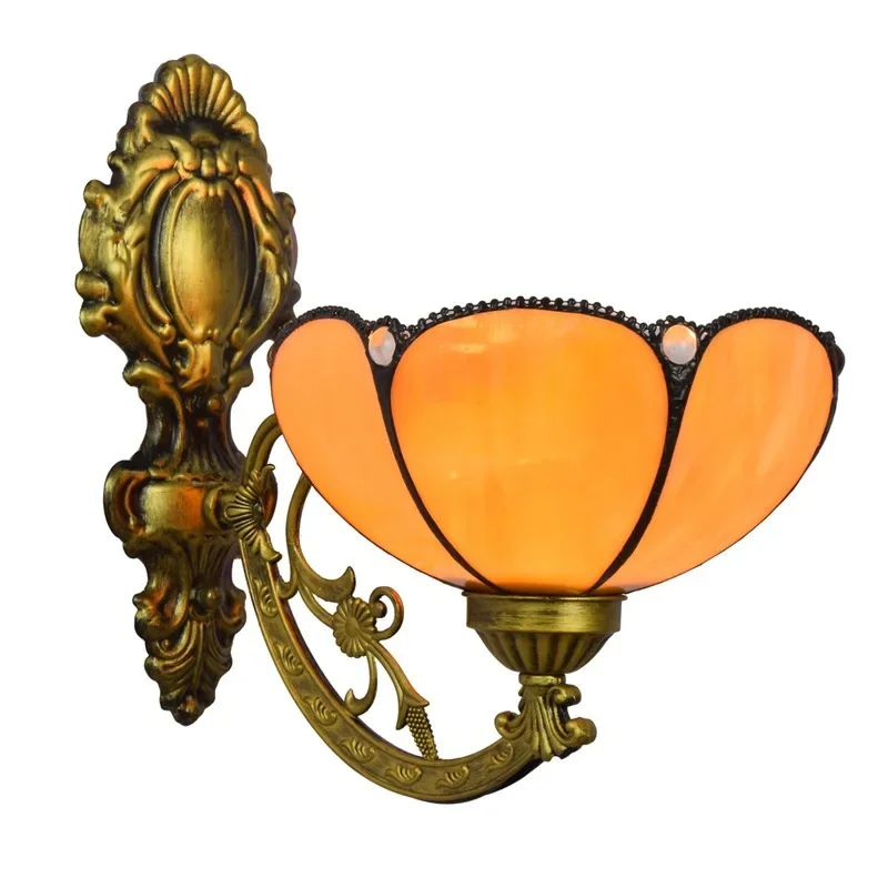 

Stained glass retro mirror headlight, simple bedside aisle sunflower single-headed glazed wall lamp