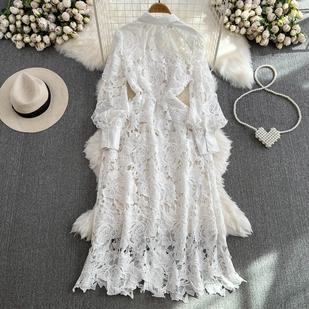 Summer Elegant White Long Shirt Dress for Women Lace Hook Hollow Ruched Single Breasted Sheer Traf Luxury Female Chic New In