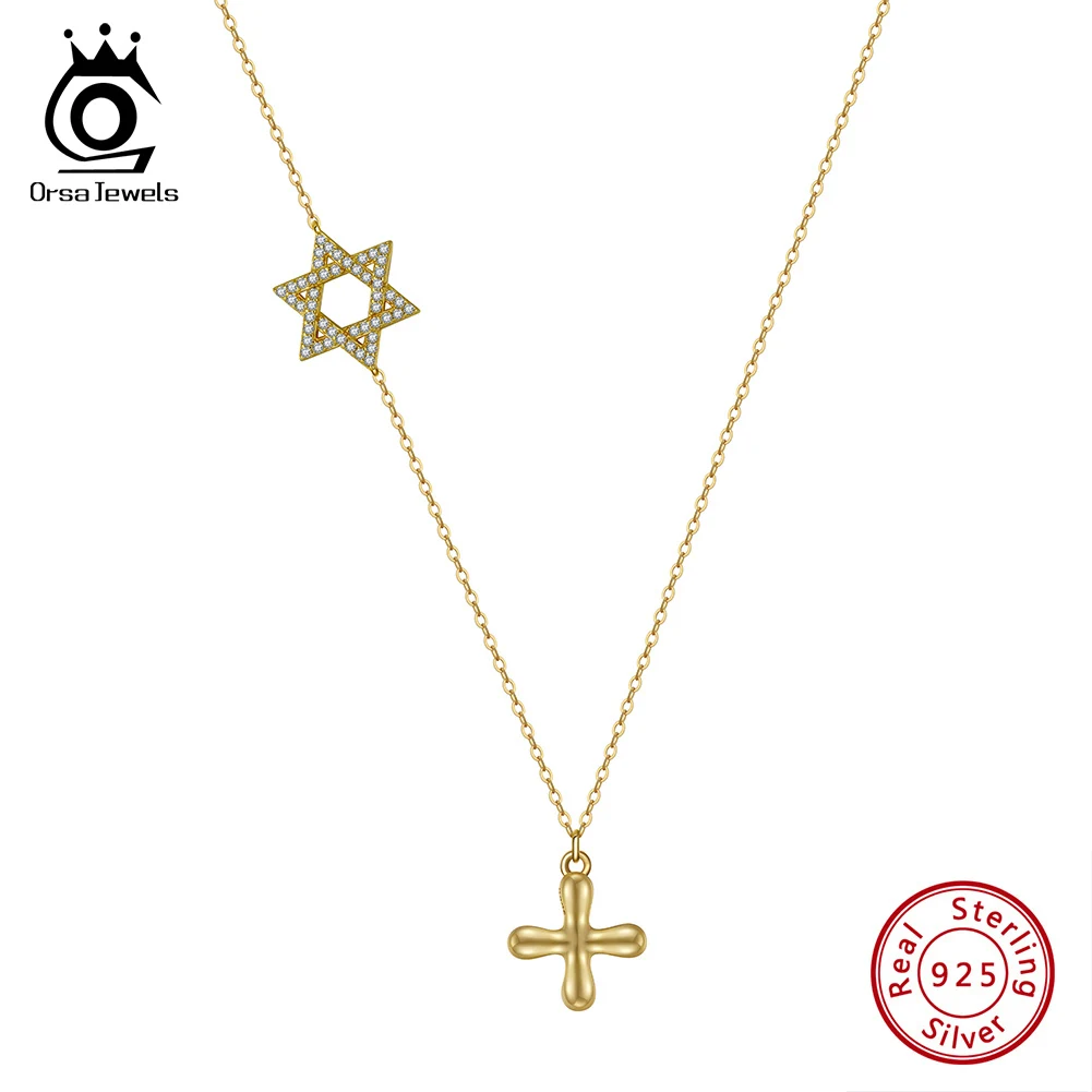 

ORSA JEWELS Star Cut Pendant CZ Colar 925 Sterling Silver Choker Chain Cross Pendant Neck Chain For Women's Necklace Fine BQN05