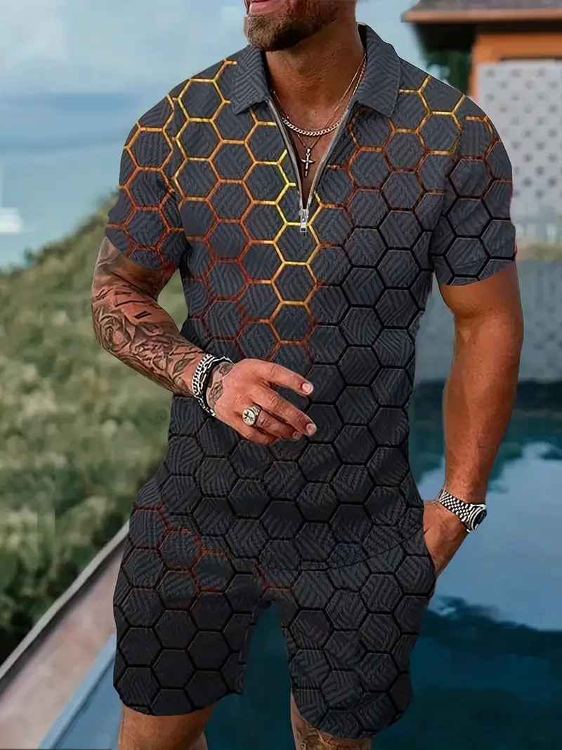 Summer Men Short Sleeve Sets Fashion Zip Polo Tops Shorts 2 Piece Outfit Men's Social Shirts Suit Casual Hip Hop Street Clothing