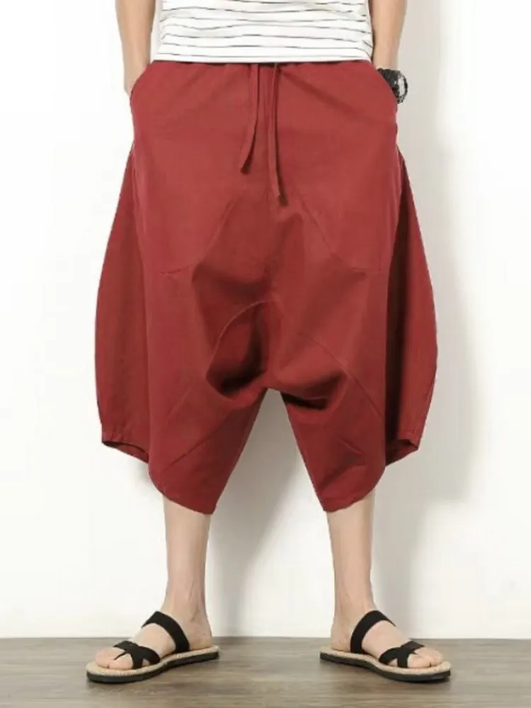 Summer Men\'s Japanese Samurai Boho Summer Harem Shorts Hakama Linen Cotton Pants 5 Colors Loose Fit Short Pants Big Size