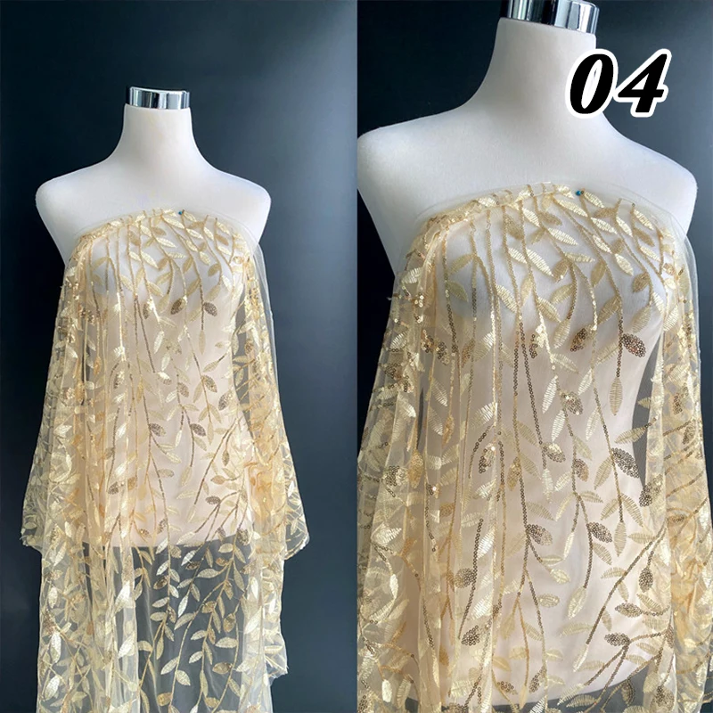 

50*125cm Champagne Black Blue Shiny Sequin Tree Leaf Embroidery Fabric Tulle Lace Yarn Designer Fabric For Diy Clothing Dress