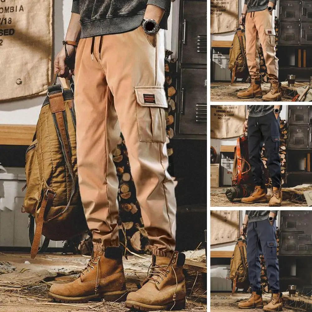 

Ergonomic Design Trousers Versatile Men's Streetwear Elastic Waist Cargo Pants with Multi Pockets for Spring Autumn Solid Color