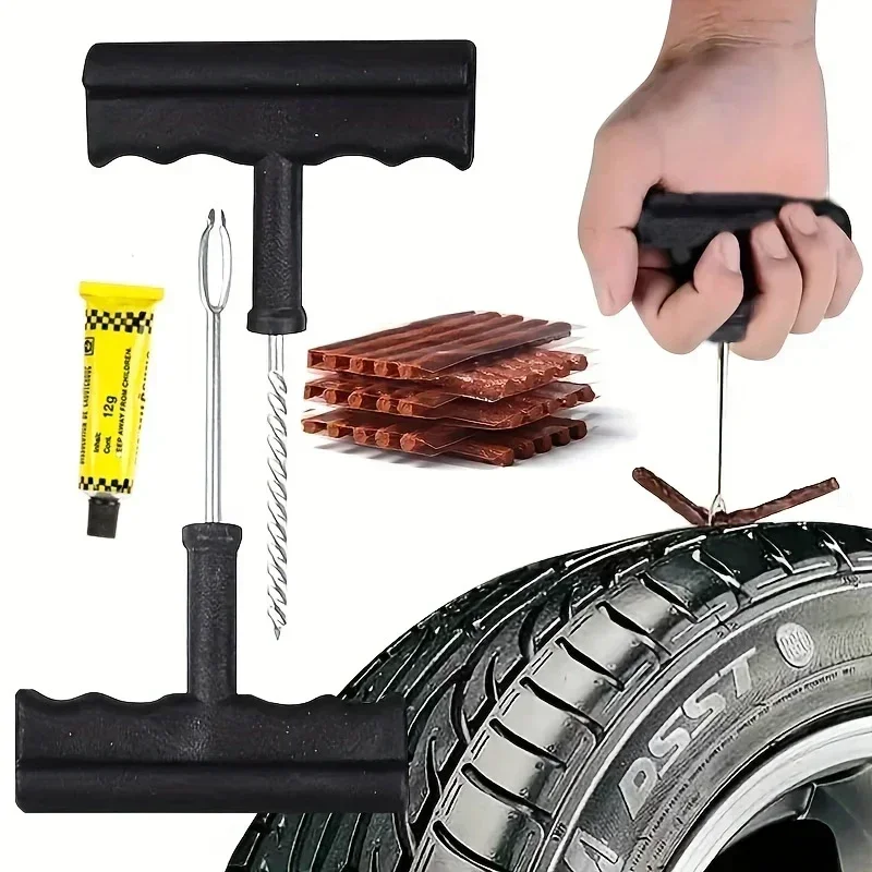 Car Tire Repair Tools Kit with Rubber Strips Tubeless Tyre Puncture Studding Plug Set for Truck Motorcycle Auto Accessories