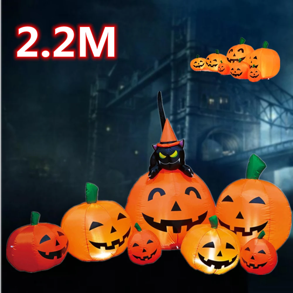 2.2M Halloween Inflatable Seven Pumpkins And One Cat with LED ScaryGarden Home Decoraton Blow up Party Prop Yard Lawn Decor