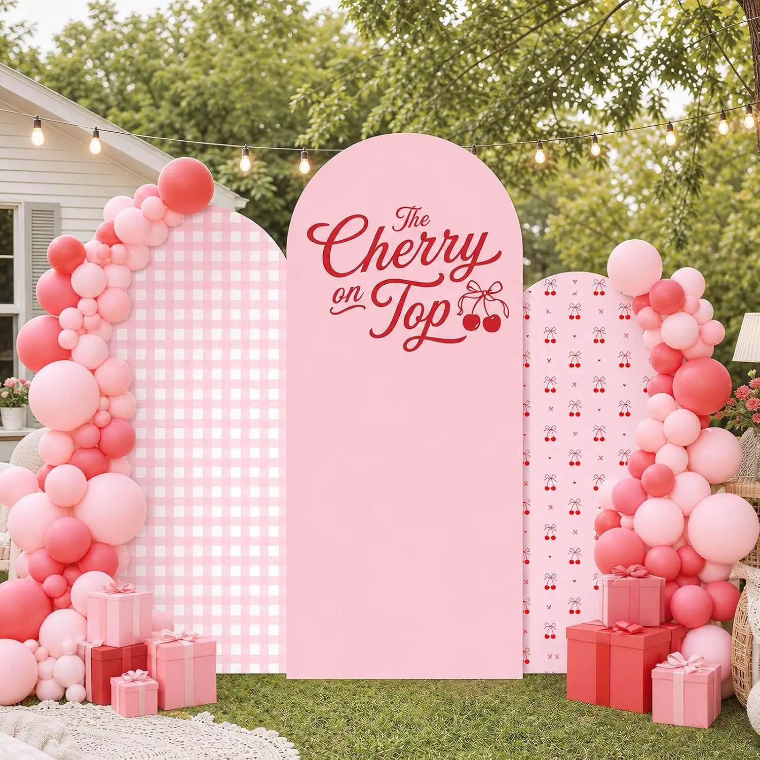 She's The Cherry on Top Arch Backdrop Cover 2-sided Sweet Cherry Themed Baby Shower Background Pink Gender Reveal Party Supplies