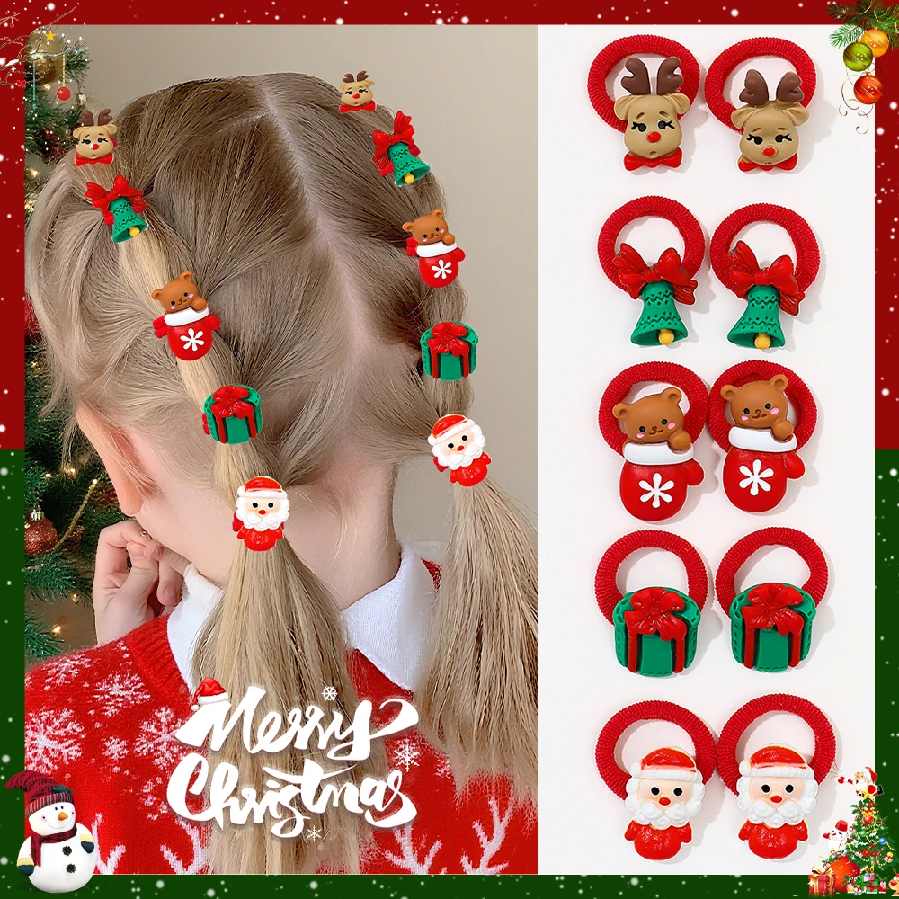 

10-Pack Girls Hair Ties Cute Christmas Design with Santa Reindeer Tree Snowman - Hair Accessories Gifts for Girls for New Year