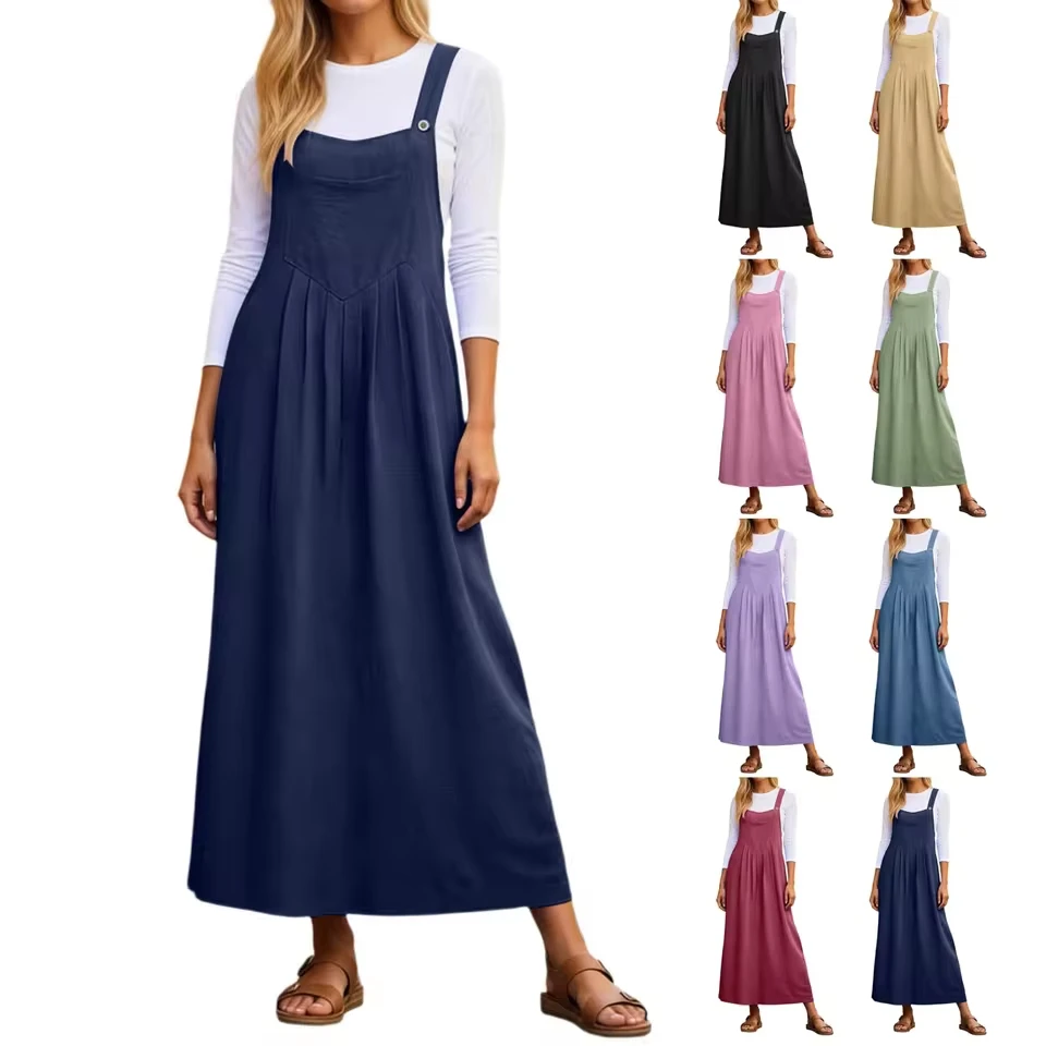 

Women Adjustable Shoulder Strap Suspender Dress Casual Solid Color Square Neck Dress With Pockets Women Vestidos Mujer