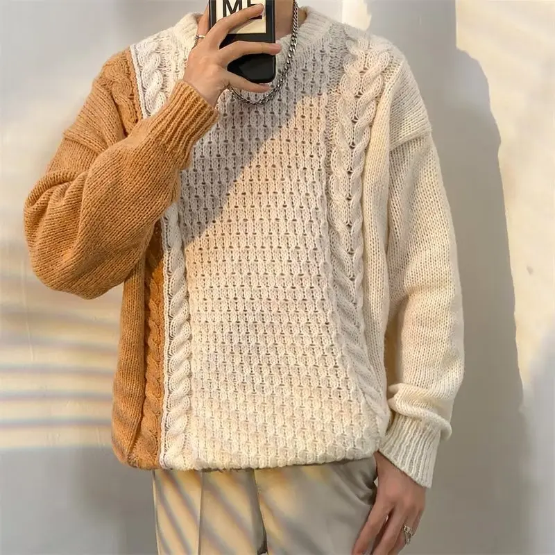 Contrast Color Knitwear Men's Autumn and Winter Fashion Brand Retro Twist Sweater Loose All-Match Couple Sweater Coat Clothing