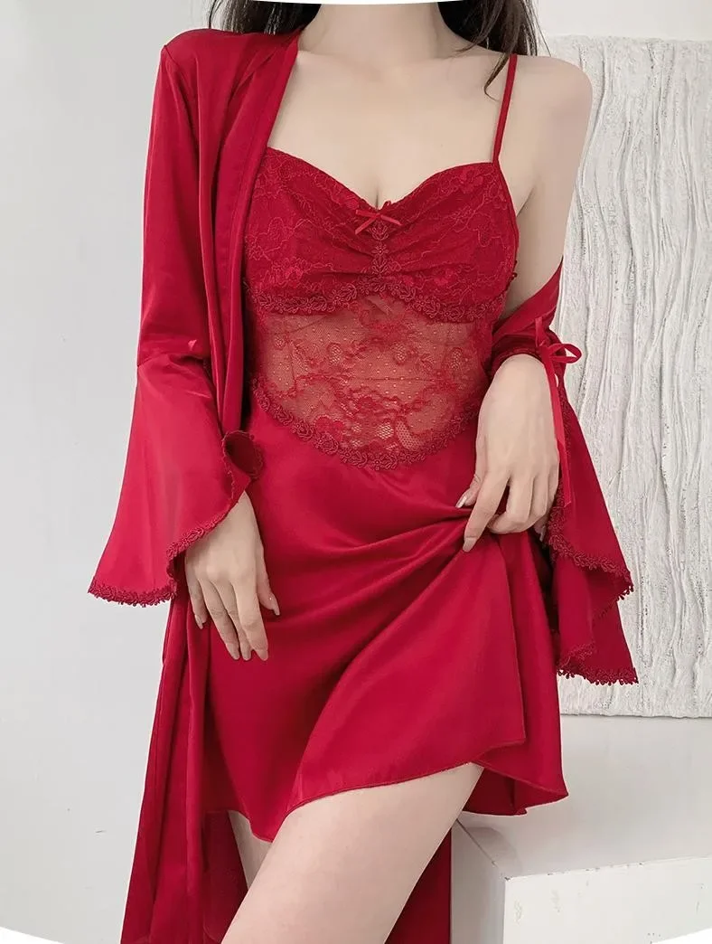 2PCS Bathrobe Gown Sleep Set Women Lace Hollow Out Robe Chemise Nightgown Suit Sexy Sleepwear Kimono V-Neck Loungewear