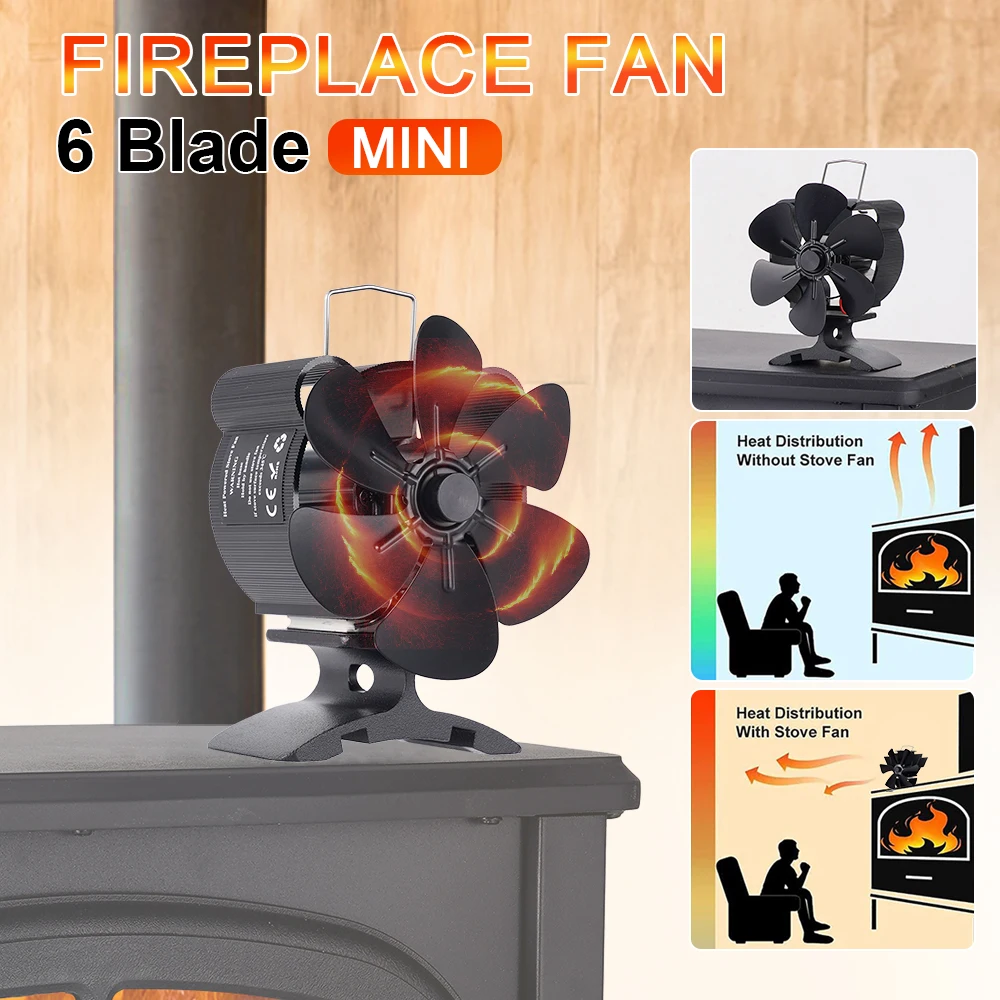 6 Blades Mini Heat Powered Stove Fan Log Wood Burner Fireplace Fan Environmentally Friendly Fan Hot Air Circulation Warmth Home