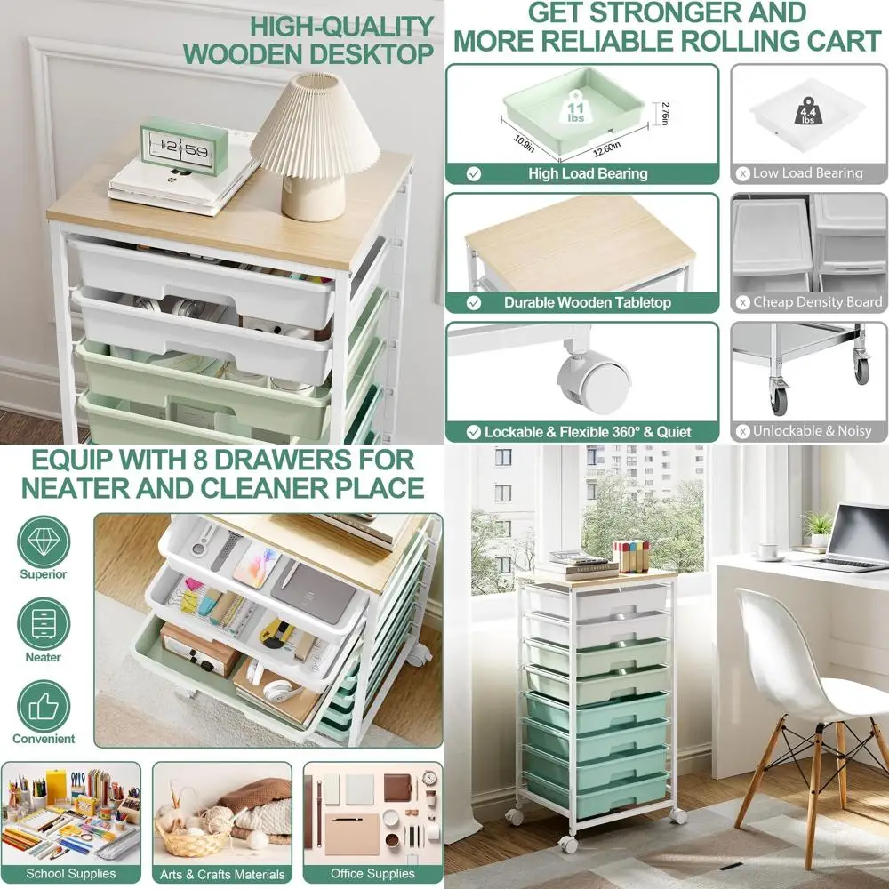 

8-Drawer Storage Cart with White Drawers and Wooden Top for Classroom and Office Organization in Green