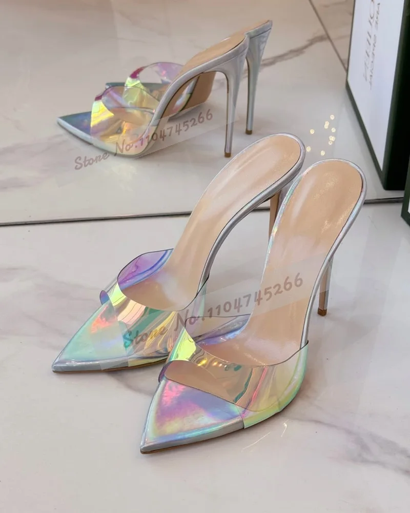 الهولوغرام قزحي الألوان واضح بولي كلوريد الفينيل عالية الكعب البغال الوردي جلد الثعبان أشار تو فساتين راقية النعال الانزلاق على الصنادل الأنيقة مضخات