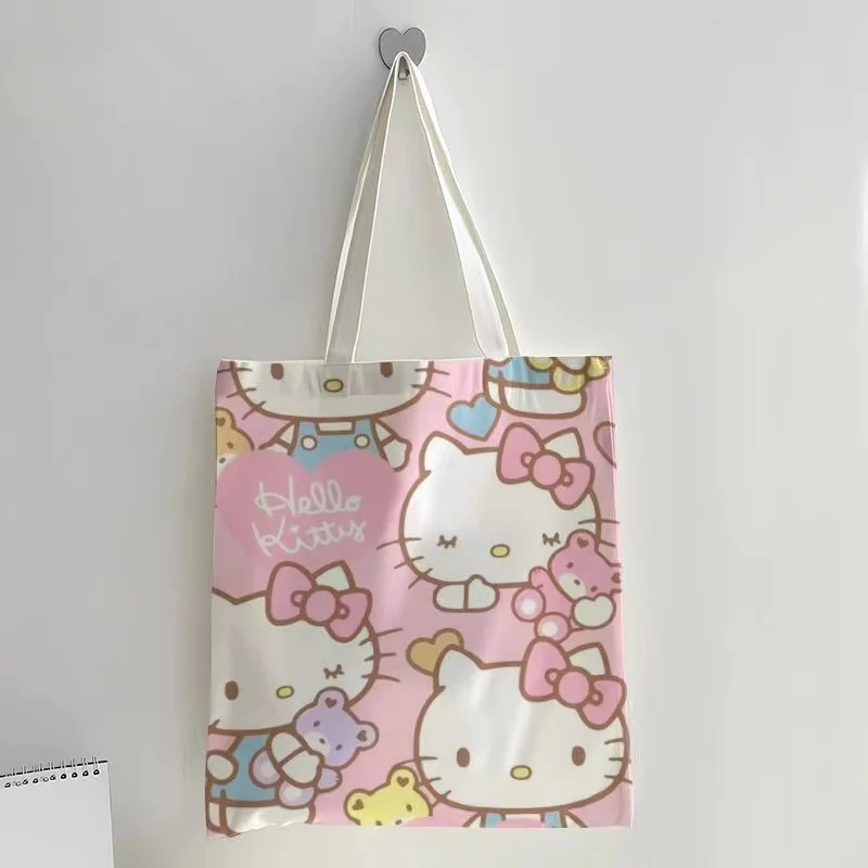 

Cartoon Sanrio Hello Kitty Canvas Bag Zippered Student Book Large Capacity Class Tote Bag Shopping Girl Birthday Gift