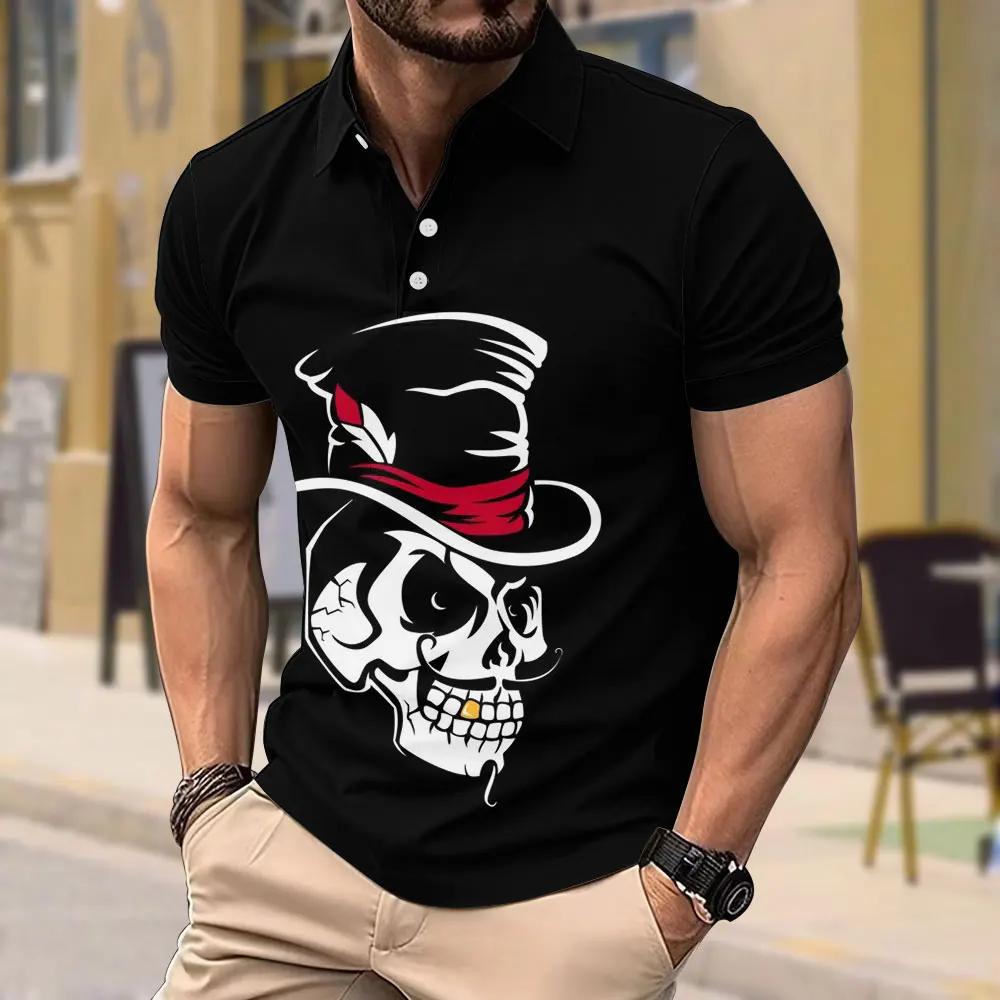 Gentleman Casual Men's Polo Shirt New Skull 3d Print Short-sleeved Top Polyester Business Casual Loose Large Size Men's Clothing