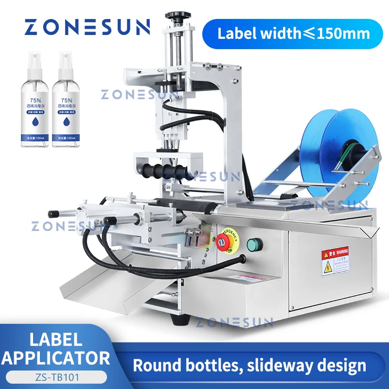 

ZONESUN Tabletop Labeling Machine Round Cylindrical Bottles Water Beverage Cosmetic Products Label Applicator Slideway ZS-TB101