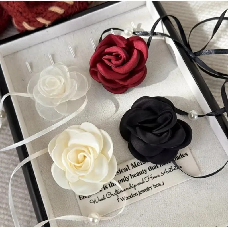 1PC Vintage Elegant Rose Flower Choker Necklaces Set, Casual Polyester Fabric Fashion Accessories For Women