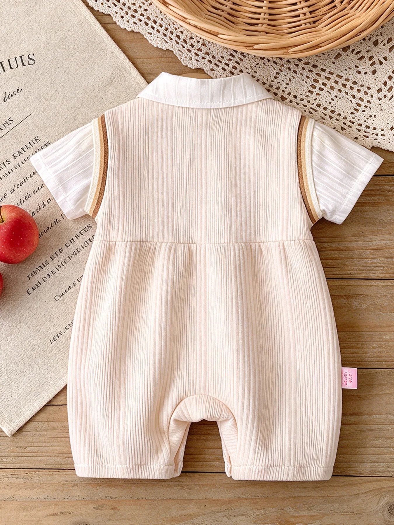 College-Style Girls' Baby Rompers for Spring/Summer: Collared with Bow Tie, 0–12 Months—Stylish Outfits for Outdoor Photoshoots
