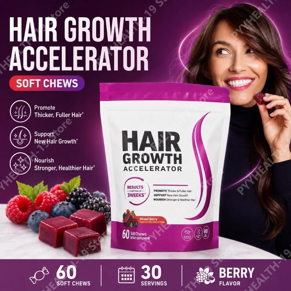 Hair Growth Soft Chews – Vitamin C & E Supplement for Thicker, Fuller & Healthier-Looking Hair – Berry Flavor – 60 Soft Chews