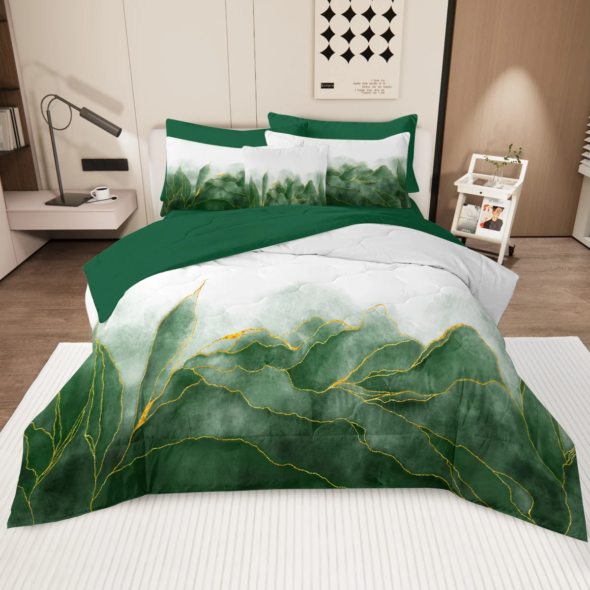 

8 Piece Green Marble with Golden Lines Printed Quilt Set White and Green Comforter Set Home Decor Suitable for All Seasons