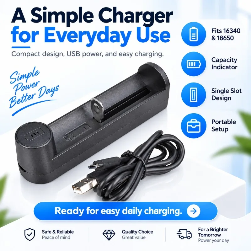 Portable Mini USB Battery Charger Single Slot Charger with Power Display for 18650 16340 Rechargeable Lithium Battery