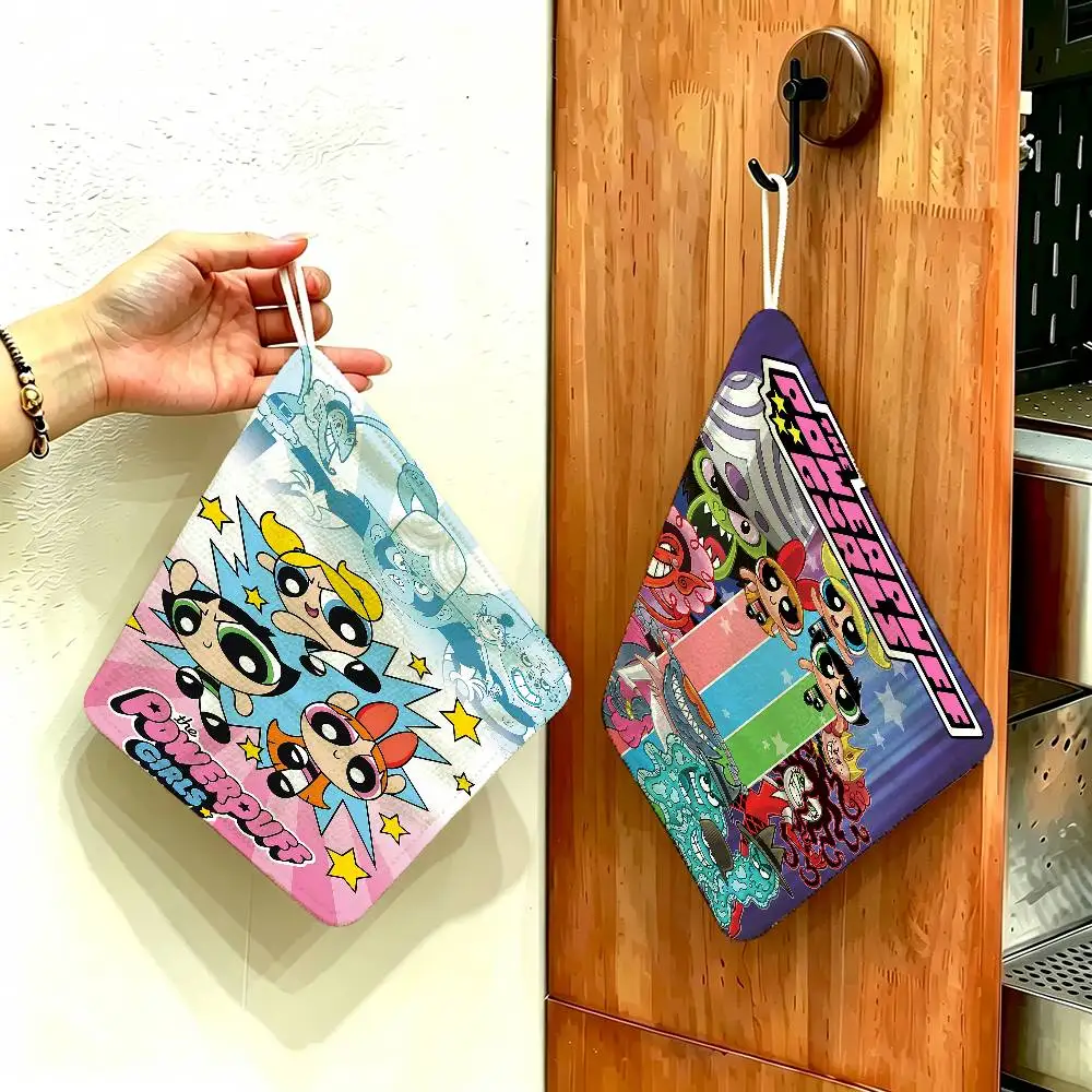 The Cartoon P-Powerpuffs Star Girls Polyester Cotton Hand Wiping Towel, Anti-shrink Hanging Kitchen Cloth for Household Cleaning