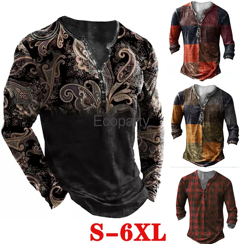 Camiseta Medieva Vintage para hombre, camisa de manga larga con estampado de patrón étnico tradicional, cuello redondo, primavera y otoño, novedad